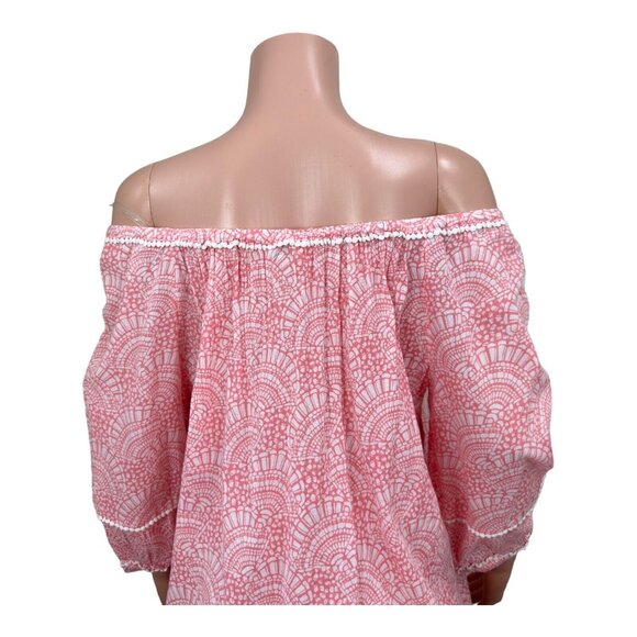 Crown & Ivy Women sz L Petite  Coral Top Blouse Tie Collar Neck Crochet Detail - Picture 13 of 15